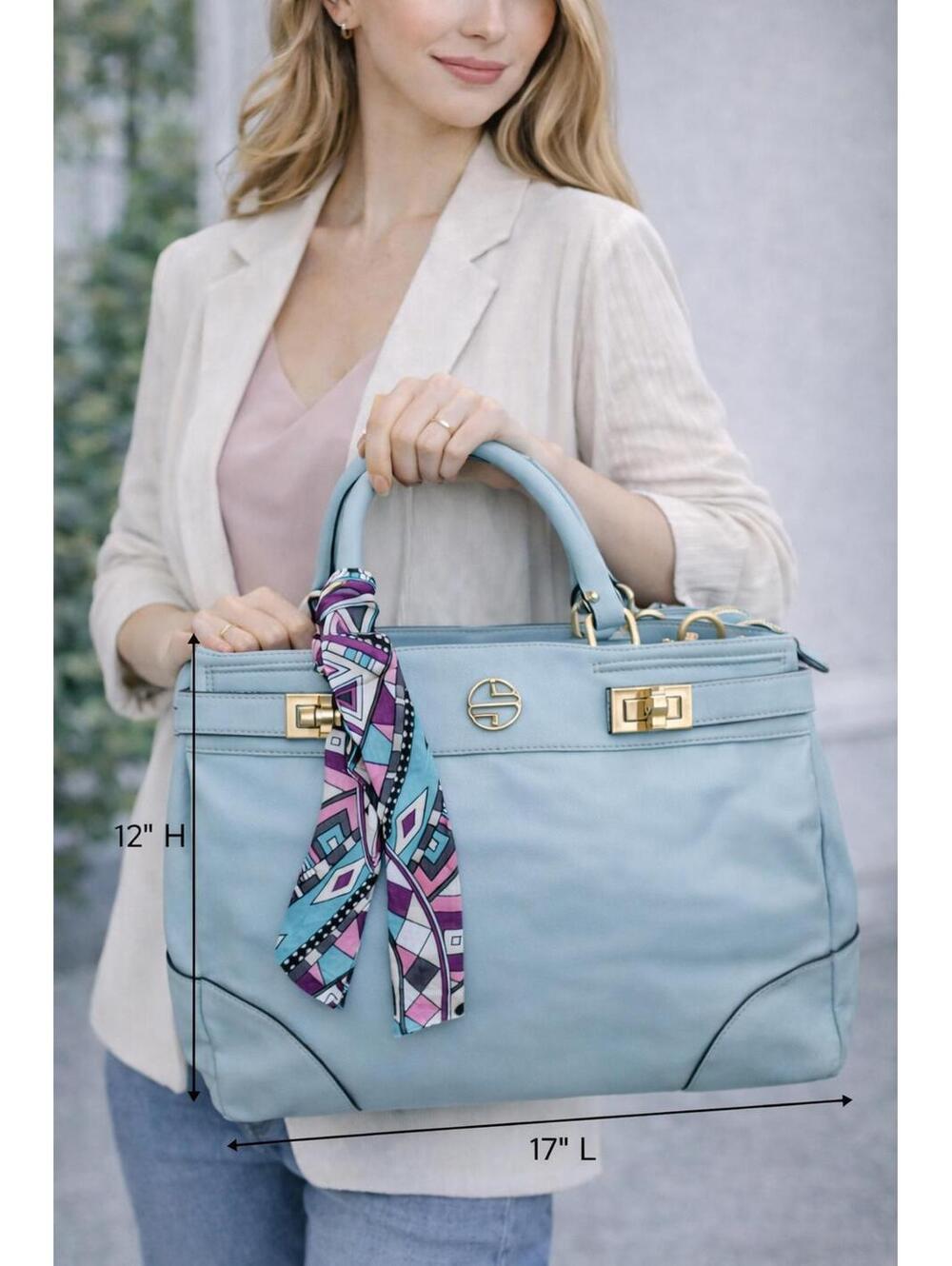 Segolene En Cuir Nadeen Powder Blue Leather Satchel Purse+Long Strap